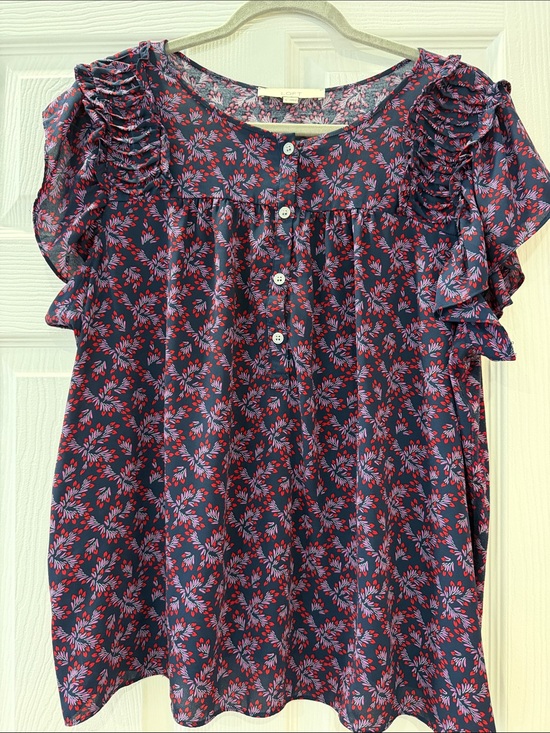 LOFT Tops - LOFT Navy Floral Ruffle Sleeve Button Front Blouse